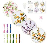 INFUNLY 4 Pack Seasons Flowers Embroidery Starter Kit for Beginners Branches Leaves DIY Embroidery Kits for Adults Stamped Needlepoint Set with Step-by-Step Instructions Threads Craft Lover Gift