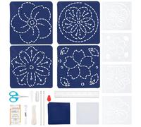INFUNLY 4 Set DIY Sashiko Coaster Kit for Beginners Cherry Blossom Sashiko Embroidery Coaster Kit Sashiko Acrylic Stencil Coaster Kit with Instruction Handmade Embroidery Japanese Coaster Kit for Gift
