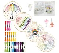 INFUNLY 4 Set Rainbow Stitches Embroidery Kit for Adults Umbrella Heart Cross Stitch Kits for Beginners Stamped Embroidery Kit with Instructions, 2 Embroidery Hoops, Needles, Threads for DIY Craft