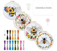 INFUNLY 4 Sets Bees and Flower Embroidery Kits for Beginner DIY Cross Stitch Starter Sets with Instruction Sunflower Honeybees Handmade Needlepoint Kits with Embroidery Cloth Colored Thread Hoop Tools