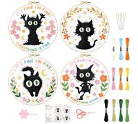 INFUNLY 4 Sets Black Cat Embroidery Kit for Beginner Inspirational Embroidery Starter Kit 11.8x11.8 Everything is Fine Hand Stitching Needlework Set with Step-by-Step Instruction for Home Decor