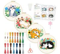 INFUNLY 4 Sets Cute Cat Embroidery Kits for Adults Flowers DIY Cross Stitch Starter Kit with Instructions Kitten Wildflowers Needlepoint Kits with Embroidery Cloth Colored Threads Hoops Tools