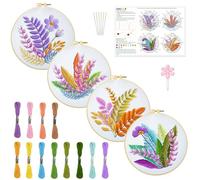 INFUNLY 4 Sets DIY Embroidery Kit for Beginners 11.8"×11.8" Leaf and Flower Embroidery Hoop Kits Color Threads Flowers and Plants Cross Stitch Kits Needlepoint Kits with Instructions for Starter