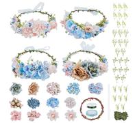 INFUNLY 4 Sets DIY Pink Floral Crowns Kit for Women Handmade Blue Floral Wreath Headbands Kit Adjustable Flower Leaf Crown Making Kit Flower Headband and Bracelets Kit for Gifts Bridal Wedding