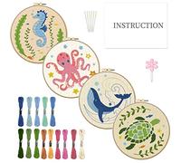 INFUNLY 4 Sets Embroidery Kit for Beginners with Sea Animals Pattern DIY Embroidery Kit for Adults Ocean Embroidery Art Kit Cross Stitch Kit for Adults with Plastic Embroidery Hoops Threads Needles