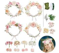 INFUNLY 4 Sets Pink Yellow Flower Crowns DIY Craft Kit Make Your Own Wreath Women Girls Headband Flower Handmade Floral Prop for Wedding Birthday Party