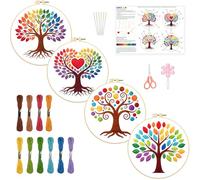 INFUNLY 4 Sets Rainbow Tree of Life Embroidery Kits for Adults Colorful Trees DIY Cross Stitch Starter Kit with Instruction Love Tree Needlepoint Kits with Embroidery Cloth Colored Threads Hoops Tools