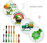 INFUNLY 4 Sets St. Patrick's Day Gnomes Embroidery Kits with Instruction Lucky Clover Cross Stitch Starters Kits DIY Car Embroidery Sets Rainbow Embroidery Kits Handmade Needlepoint Kits with Words
