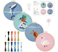INFUNLY 4 Sets Whale Embroidery Kits for Beginner Bird Cross Stitch Starter Kits with Instructions for Adults DIY Embroidery Needlepoint Sets with Animal Pattern Embroidery Cloth Hoops Threads Tools