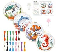 INFUNLY 4 Sets Whale Embroidery Kits for Beginners DIY Cross Stitch Starter Kits with Turtles Seahorses Patterns Fish Sea Animals Embroidery Kits with Instructions Embroidery Cloth Hoops Threads Tools