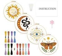INFUNLY 4pcs Evil Eyes Embroidery Starter Kit for Beginners Moth Cross Stitch Kits for Adults Sun and Moon Stars Snake Stamped Stitches Embroidery Sewing Kit with Patterns Instructions for DIY