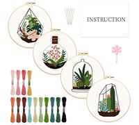 INFUNLY 4pcs Plant Embroidery Starter Kit for Beginners Cactus Cross Stitch Kits for Adults Vase Flower Stamped Stitches Embroidery Sewing Kit with Patterns Instructions for DIY Craft