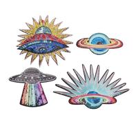 INFUNLY 4pcs Solar System Patches Iron on Sequin Planet Embroidery Patch Rainbow UFO Patch Space Sew on Patch Spacecraft Patch Celestial Applique for DIY Clothing Jeans Bags Jacket Backpack Hat