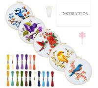 INFUNLY 5 Sets Bird and Flower Embroidery Kits for Beginner DIY Cross Stitch Starter Sets with Instructions Colorful Handmade Needlepoint Kits with Embroidery Cloth Colored Threads Hoops Tools