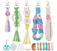 INFUNLY 5 Sets DIY Macrame Flower Keychain Kits Macrame Wristlet Keychains with Instructions Boho Cotton Cord Knotting Kits for Beginners Colorful Macrame Tassel Kits for Car Key Purse Phone Charm