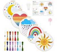 INFUNLY 5 Sets Rainbow Sun Embroidery Kits for Beginners DIY Cross Stitch Starter Sets with Instructions Heart Moon Pattern Needlepoint Kits with Embroidery Cloth Colored Threads Hoops Tools