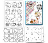 INFUNLY 5PCS/Set Comic Cat Clear Stamps Cute Kitten Layered Painting Stencil 7.8/3.9 Inches Yarn Ball Metal Cutting Dies for Card Making Embossing Template DIY Scrapbooking Craft Decor