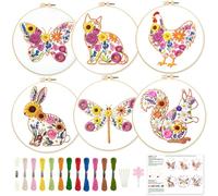 INFUNLY 6 Pack Animal Flowers Embroidery Starter Kit for Beginners Butterfly Cat DIY Embroidery Kits for Adults Rooster Squirrel Stamped Needlepoint Set with Step-by-Step Instruction Craft Lover Gift