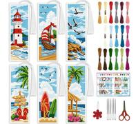 INFUNLY 6 Pcs Beach Scenery Cross Stitch Bookmark Kit 8.5x3 Inch Pre-Printed Seaside Stamped Cross Stitch for Adults DIY Embroidery Bookmark Set with Instructions for Book Lovers Writers Craft Gift
