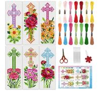 INFUNLY 6 Pcs Cross Flowers Cross Stitch Bookmark Kit Floral Embroidery Bookmark Kit 7.6x21.6 cm Counted Cross Stitch Kit with Pre Printed Pattern DIY Needlepoint Craft for Book Lovers Readers Gift