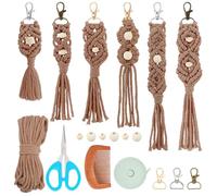 INFUNLY 6 PCS DIY Macrame Wood Bead Keychain Kit with Instructions and Videos Coffee Color Keychain Kits with Tassel Boho Cotton Cord Key Chain Kits DIY Keychain Knotting Kit for Car Key Purse Dector