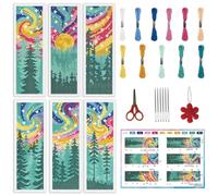 INFUNLY 6 Pcs Forest Night Cross Stitch Bookmark 3x8.5 Aurora Stamped Embroidery Bookmarks Landscape Cross Stitch Bookmark Kit Starry Nigh Needlepoint Bookmarks Kits for Readers Writers Craft Gift