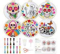 INFUNLY 6 PCS Skull Embroidery Kits for Beginners DIY Cross Stitch Starter Sets with Instructions Flower Cat Pattern Day of the Dead Needlepoint Kits with Embroidery Cloth Hoops Tools