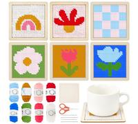 INFUNLY 6 Set Boho Wooden Coaster Needlepoint Kit 3.9x3.9 Rainbow Art Work Embroidery Kit Embroidery Needle Coasters Crafts Adult Mug Rug Making Kit for Beginners Mushroom Mug Rug Making Kit