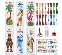 INFUNLY 6 Set Cross Stitch Bookmark Kit Dinosaurs DIY Cross Stitch Kit 8"x2.4" Pre-Printed Tyrannosaurus Stamped Embroidery Bookmark with Instruction Cross Stitch Kits for Beginners Book Lovers Gifts