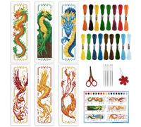 INFUNLY 6 Set Cross Stitch Bookmark Kit Loong DIY Cross Stitch Kit 8"x2.4" Pre-Printed Phoenix Stamped Embroidery Bookmark with Instruction Cross Stitch Kits for Beginners Book Lovers Adults Gift