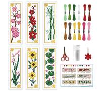 INFUNLY 6 Set Cross Stitch Bookmark Kit Orchid DIY Cross Stitch Kit 8"x2.4" Pre-Printed Classical Flower Stamped Embroidery Bookmark with Instruction Green Bamboo for Beginners Book Lovers Adult Gift