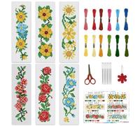 INFUNLY 6 Set Cross Stitch Bookmark Kit Rose Flower DIY Cross Stitch Kit 8"x2.4" Pre-Printed Sunflower Stamped Embroidery Bookmark with Instruction for Beginners Book Lovers Adults Craft Gift