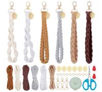 INFUNLY 6 Set DIY Macrame Keychain Kit Vintage Boho Macrame Palm Leaf Keychain Making Kit for Beginner Dark Color Macrame Keychain Starter Kit with Instruction for Women Teen Accessory
