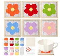INFUNLY 6 Set Flower Wooden Coaster Needlepoint Kit 3.9x3.9 Floral Mug Rug Making Kit DIY Spring Cross Stitch Kit Boho Tulip Punch Needle Coasters for Table Decor Festival DIY Gifts