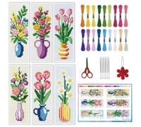 INFUNLY 6 Set Flowers Vases DIY Cross Stitch Bookmark Kits for Adults Tulips Roses Counted Cross Stitch Kit with Instruction Wildflowers Stamped Embroidery Bookmark Kit for Book Lovers Readers Gift