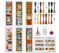 INFUNLY 6 Set Fox Reading Cross Stitch Bookmark Kit DIY Cross Stitch Kit 8"x2.4" Pre-Printed Books Stamped Embroidery Bookmark with Instructions Foxes Cross Stitch Kits for Beginners Book Lovers Gifts