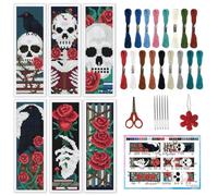 INFUNLY 6 Set Gothic Skulls DIY Cross Stitch Bookmark Kits for Beginners Red Roses Counted Cross Stitch Kit with Instruction Book Ravens Stamped Embroidery Bookmark Kit for Book Lovers Readers Gift