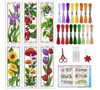 INFUNLY 6 Set Tulips Cross Stitch Bookmark Kit Sunflower DIY Cross Stitch Kits 8"x2.4" Pre-Printed Mushroom Plant Stamped Embroidery Bookmark Kit with Instruction for Beginners Adults Book Lovers Gift