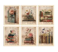 INFUNLY 6 Set Vintage Book Flower Wall Art Print 8x10Inch Retro Floral Poster Pictures Text Background Canvas Wall Art Unframed Academia Aesthetic Pictures Prints for Bedroom Office Study Room Decor
