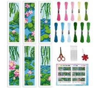 INFUNLY 6 Set Water Lilies Cross Stitch Bookmark Kits 8"x2.4" DIY Willow Tree Embroidery Bookmark Kits for Beginners with Instruction Lotus Flowers Bookmark Making Kit for Book Lovers Readers Gifts