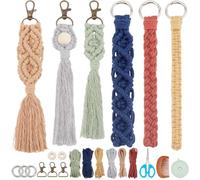 INFUNLY 6 Sets DIY Macrame Boho Keychain Kits for Beginners Colorful Cotton Macrame Wristlet Kit with Instructions Handcrafted Macrame Keychain Kit with Tassel for Strap Phone Bags Women Charm Gifts