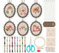 INFUNLY 6 Sets DIY Mushroom Necklace Embroidery Kit for Adult Beginner Embroidery Pendant Kit Mushroom Theme Embroidery Stitching Necklace Kit Cross Stitch Kits with Instructions for Women Gift