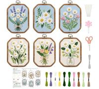 INFUNLY 6 Sets Octagon Daisy Embroidery Kit for Beginners Lavender Stamped Embroidery Starter Kit 11.8x11.8 Vintage Flowers Hand Stitching Needlework Set with Step-by-Step Instruction for Adult