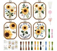 INFUNLY 6 Sets Octagon Sunflowers Embroidery Kit for Beginners Bee Stamped Embroidery Starter Kit 11.8x11.8 Vintage Hand Stitching Needlework Set with Step-by-Step Instruction for Adults Home Decor
