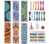INFUNLY 6pc Mandala Cross Stitch Bookmark Kits - 8''x2.4'' Floral Fabric Bookmark Making Kit DIY Stamped Embroidery for Beginners with Instruction for Book Lovers, Readers & Writers Gift