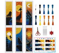 INFUNLY 6pcs Animal Silhouettes DIY Cross Stitch Bookmark Starter Kits with Instruction 2.4''x7.9'' Lion Giraffe Stamped Embroidery Bookmark Kit Moon Branches Embroidery Bookmark Set for Book Lovers