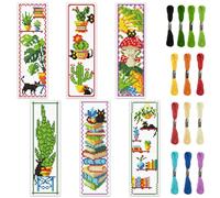 INFUNLY 6pcs Black Cat Cross Stitch Bookmark Kit DIY Plant Stamped Embroidery Bookmark Kits Instruction Included 8.7x3.1 Easy Cross Stitch Kits for Adults Beginners Book Needlepoint Bookmark Kit