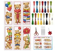 INFUNLY 6PCS Brown Bear DIY Cross Stitch Bookmark Kits for Beginners Cute Bear Stamped Embroidery Kits with Instructions Balloons Gift Box Needlepoint Bookmark Kits for Book Lovers Readers Writers