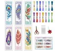 INFUNLY 6PCS Colorful Feather Cross Stitch Bookmark Kit for Adults 8.66"×3.15" Feather Pattern Boho Embroidery Bookmark Kit Ethnic Counted Cross Stitch Kit with Instruction for Book Lovers DIY