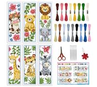 INFUNLY 6PCS DIY Cartoon Animal Cross Stitch Bookmark Kits 8.66"×3.15" Cute Bear Cow Stamped Embroidery Kits with Instructions Plant Flowers Needlepoint Bookmark Kits for Book Lovers Readers Writers